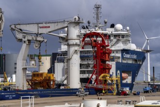 The seaport of Eemshaven, Julianahaven Basin, where the foundation structures, monopiles, for