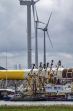 The seaport of Eemshaven, Julianahaven Basin, where the foundation structures, monopiles, for