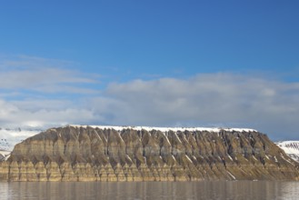 Mountain range, sedimentary rocks, snow, sea, Spitsbergen, Svalbard