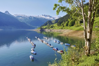 Motorboats moored at the reservoir, snow-covered Alps in the background, Lake Wägital, Canton