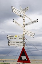 Distance signs, polar bear warning, Longyearbyen, Spitsbergen, Svalbard