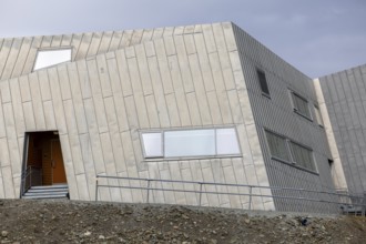 Sysselmesteren på Svalbard, silver facade, police building, Longyearbyen, Spitsbergen, Svalbard