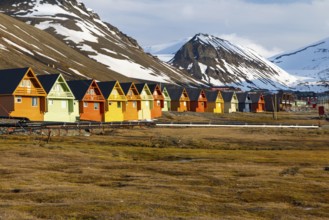 Colourful wooden houses in Riehe, Longyearbyen, Spitsbergen, Svalbard