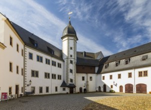 Castle courtyard with stair tower Schlanke Margarete, Wildeck Castle in Zschopau, Erzgebirge,