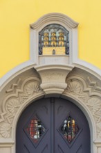 Portal with town coat of arms on the Old Town Hall at Neumarkt, Zschopau, Erzgebirge, Saxony,