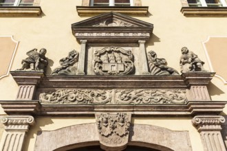 Portal on the New Town Hall with town coat of arms and date from 1750, Zschopau, Erzgebirge,