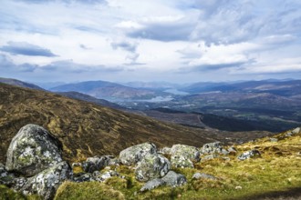 View from Nevis Range Mountains, Grampian Mountains, Fort William, Highland, Lochaber, Scotland, UK