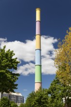Art project by Daniel Buren, colourfully designed chimney at power plant Nord, also known as