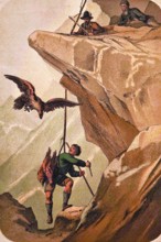 Nest robber at the eagle's nest in a rocky mountain landscape, young robber with knife, rope