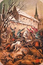 Deadly battle in the village, horsemen in uniform, soldiers with swords, destroyed wooden wagon,