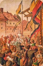 The child of the tightrope walker performs tricks, stands on the horse, jumping ring, chapel,