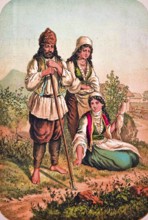 Bulgarian man and two woman working in the field, agriculture, farm, traditional clothing, smock,