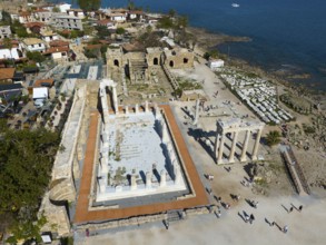 Ancient ruins near the coast with remains of a temple, historical ambience, aerial view, Temple of