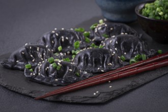 Japanese gyoza dumplings, made of black dough, black gyoza, with green onions and sauce, on a