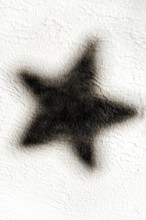 A dark star-shaped shadow is visible on a light-textured wall, creating a striking contrast that