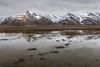 Small islands in the meltwater off Tenoren, mountain range, snow, Aventdalen, Longyearbyen,