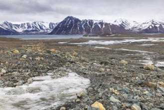 Melting glacier, rocks, water, mountain range, Cooper Camp, Spitsbergen, Svalbard