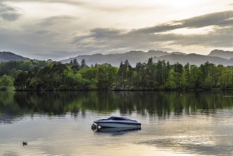 Boats on Windermere Lake and mountains, Ambleside, Lake District, Cumbria, England, United Kingdom