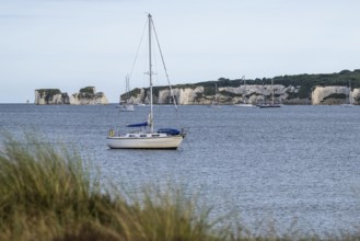 Boats on sea over Knoll Beach Studland, Poole, Dorset, England, United Kingdom