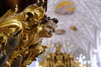 Angel on the pulpit, Maria Himmelfahrt parish church, Landsberg am Lech, Upper Bavaria, Bavaria,