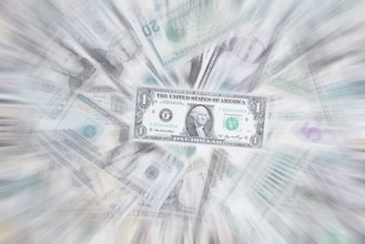 Various US dollar notes in a pile, banknotes, zoom effect