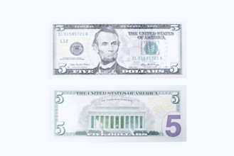 5 US dollar notes, 5 dollar banknotes on white background