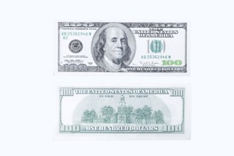 100 US dollar note, 100 dollar banknotes on white background