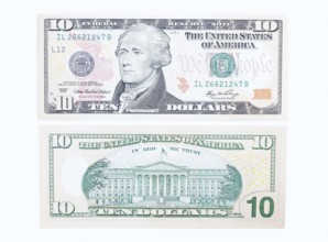 10 US dollar notes, 10 dollar banknotes on white background