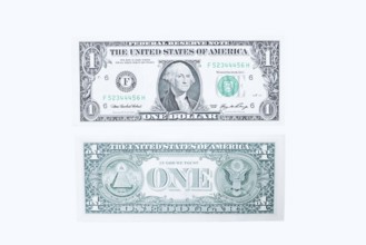 1 US dollar notes, 1 dollar banknotes on white background