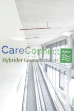 Bright escalator system with CareConnect logo in modern style, Care Connect, vaccination kiosk for