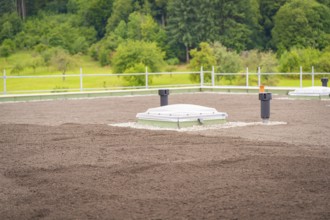 Ventilation shaft on a green roof with forest in the background, green roof, house construction,