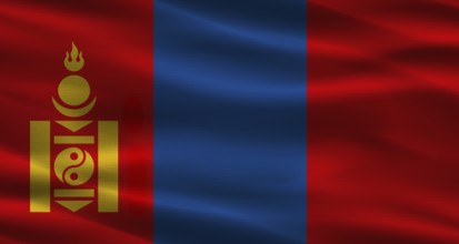 Mongolia flag with fabric texture. Realistic flag of Mongolia waving