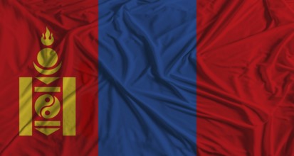 Mongolian flag with fabric texture background. National flag of Mongolia with cloth texture