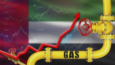 Gas pipeline with United Arab Emirates flag in background. Increase in gas production with United