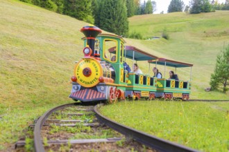 A colourful mini train runs on narrow tracks through a green landscape, children on board, Retro