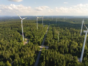 Several wind turbines along a path through a green forest under a blue sky, Simmersfeld, Black