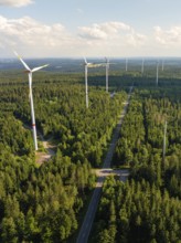 Row of wind turbines along a road through a dense forest in daylight, Simmersfeld, Black Forest,