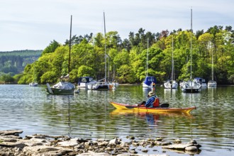 Kayak and Boats on Windermere Lake, Fell Foot Park, Lake District, Cumbria, England, United Kingdom