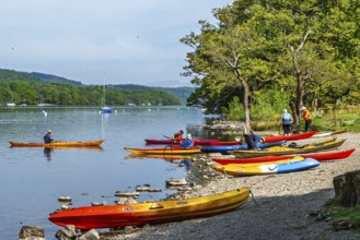 Kayaks and Boats on Windermere Lake, Fell Foot Park, Lake District, Cumbria, England, United