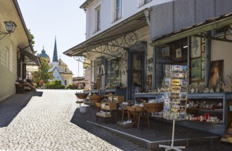 Souvenir shops at Kapellplatz, place of pilgrimage, Altötting, Upper Bavaria, Bavaria, Germany