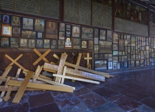 Votive plaques in the walkway around the Chapel of Grace, Kapellplatz, place of pilgrimage,