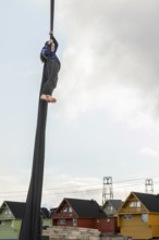 Aerial acrobatics, girls, catch for King Harald as part of the end of coal mining, Longyearbyen,