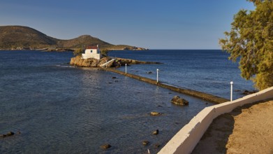 Small chapel on rock, surrounded by trees, in quiet morning light, chapel, church, Agios Isidoros,