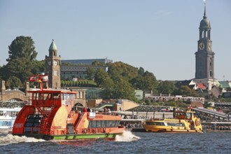 Landungsbrücken, Hamburg harbour, Hafen-City, St. Michaelis church in the background, Hamburg,