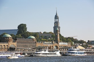 Hamburg harbour, Hafen-City, in the background St. Michael's Church, Hamburg, Germany