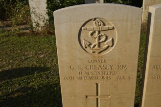 A maritime emblem on a gravestone with personal information, surrounded by grass and shadow,