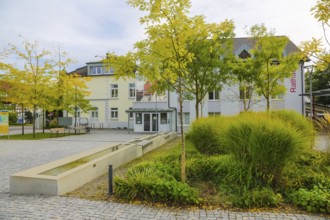 Town hall, paving stones, trees, houses, buildings, water features, water basin, Oberuhldingen