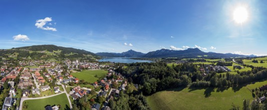 Drone shot, panorama, Mondsee, Salzkammergut, Upper Austria, Austria