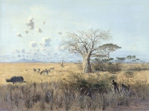 Masai Steppe and Kilimanjaro, Tanzania, Kenya, authentic reproduction of a school mural, historic,