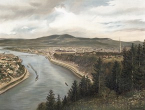 View of Linz and the Danube, Upper Austria, Austria, authentic reproduction of a school mural,